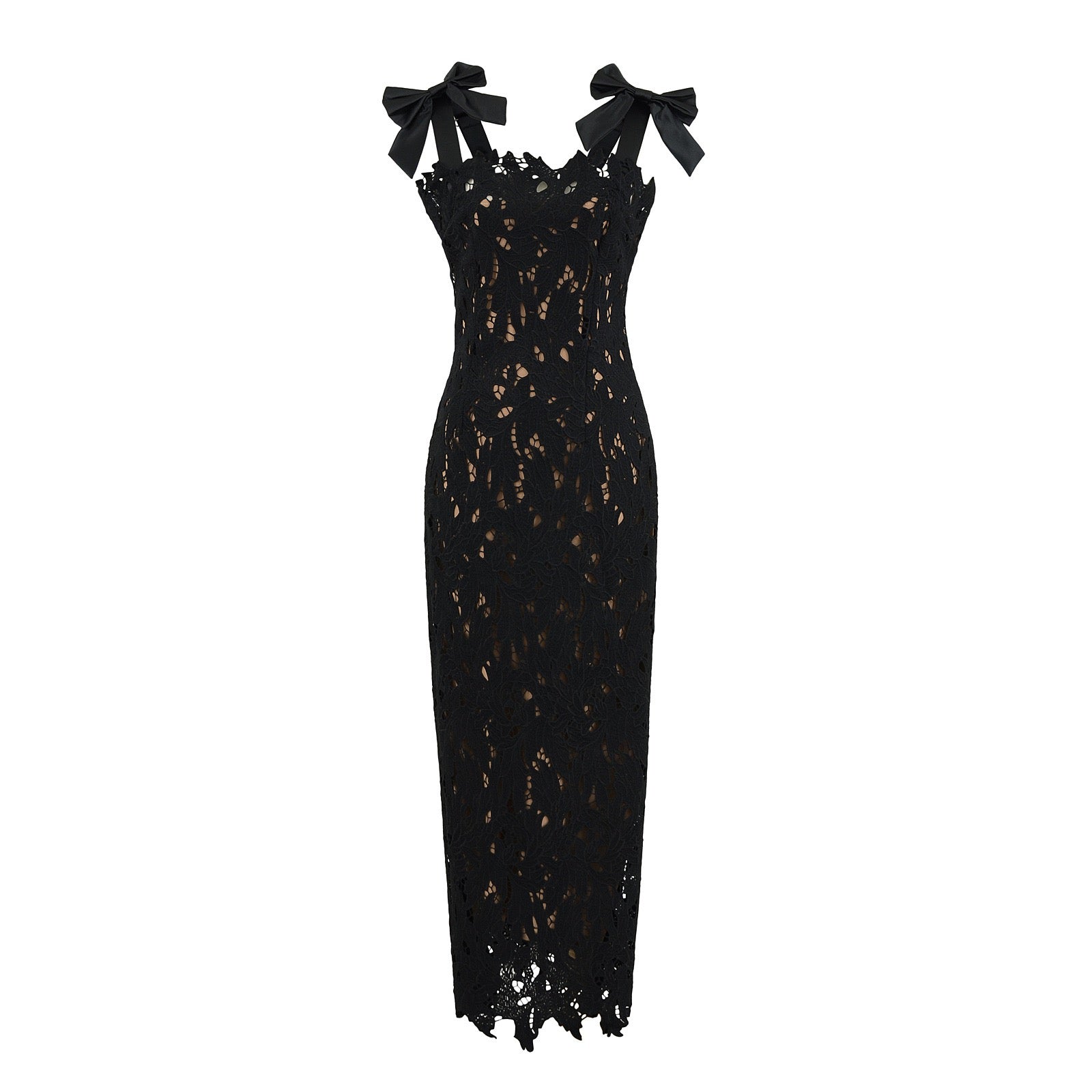 Black Floral Lace Midi Dress – Elegant Evening Fitted Dress – FEMZA