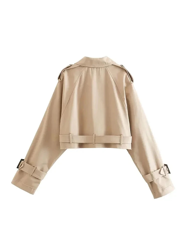 TRAF 2024 Zkrácená jarní bunda s opaskem, dámská vintage streetwear bunda