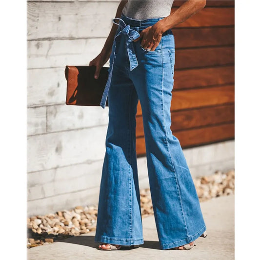 High-Waisted Flare Jeans with Tie Waist