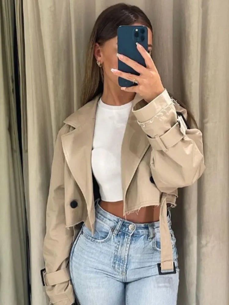 TRAF 2024 Zkrácená jarní bunda s opaskem, dámská vintage streetwear bunda