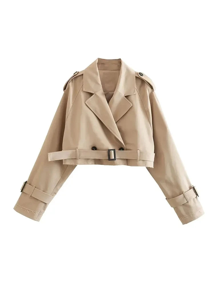 TRAF 2024 Zkrácená jarní bunda s opaskem, dámská vintage streetwear bunda
