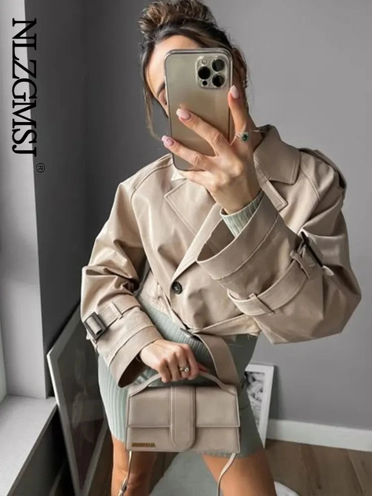 TRAF 2024 Zkrácená jarní bunda s opaskem, dámská vintage streetwear bunda