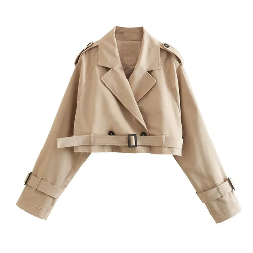 TRAF 2024 Zkrácená jarní bunda s opaskem, dámská vintage streetwear bunda