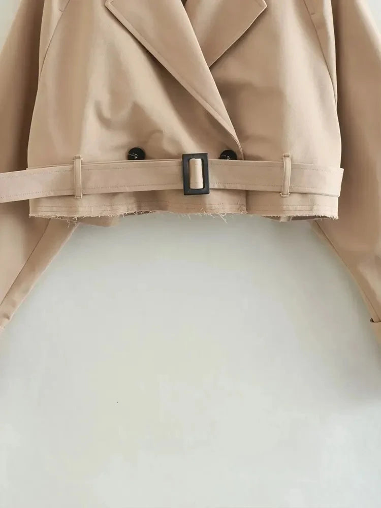 TRAF 2024 Zkrácená jarní bunda s opaskem, dámská vintage streetwear bunda