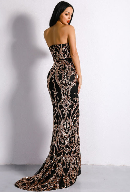 Black & Gold Embellished Strapless Mermaid Gown