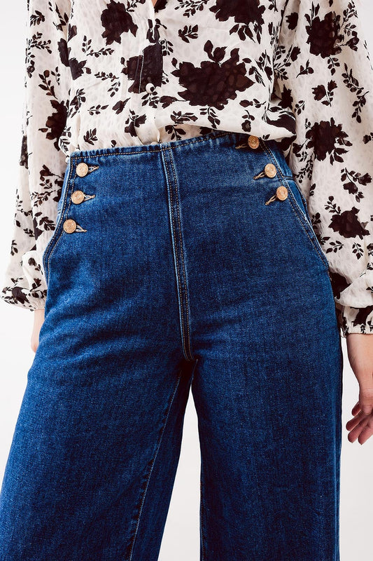 High-Waisted Button Detail Wide-Leg Jeans - Mid Blue