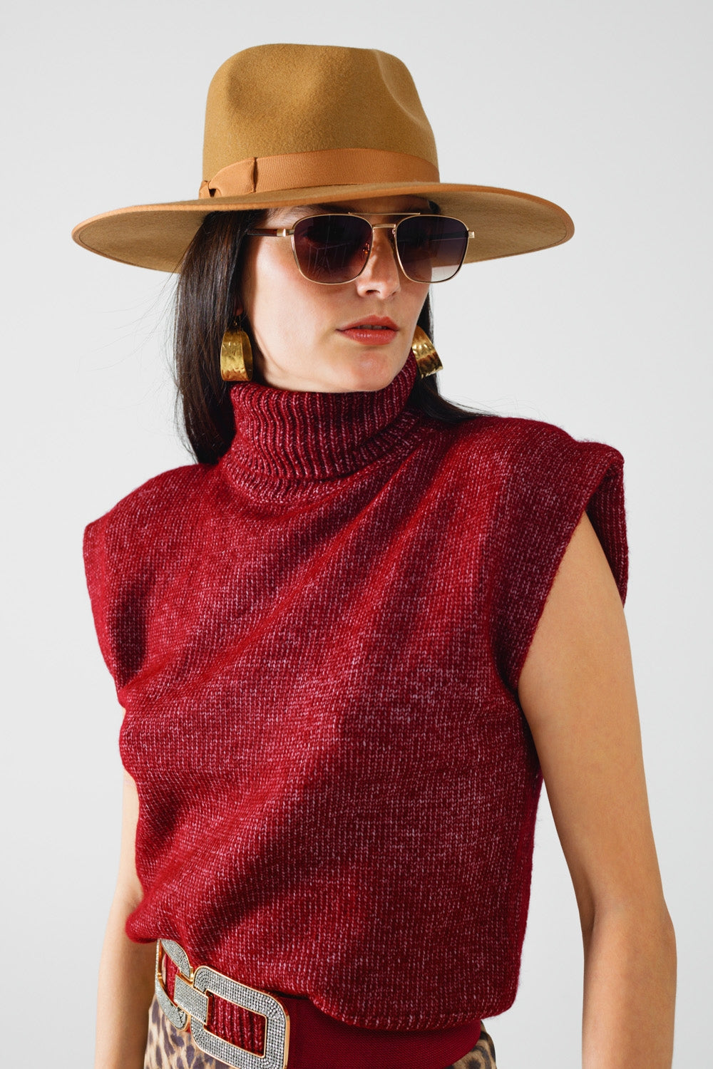 Burgundy Sleeveless Turtleneck Knit Top