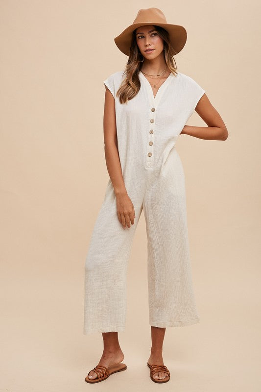 Cotton Wide Leg Jumpsuit with Pockets