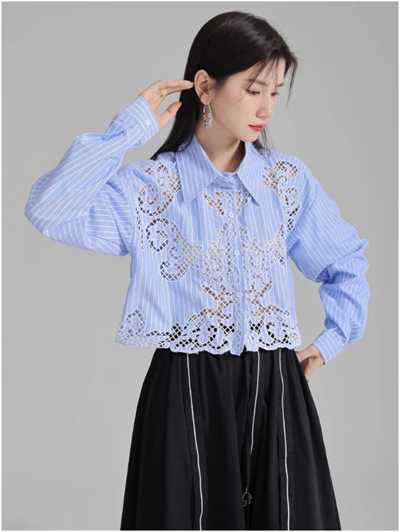 Blue Cropped Shirt with Embroidered Openwork Detail