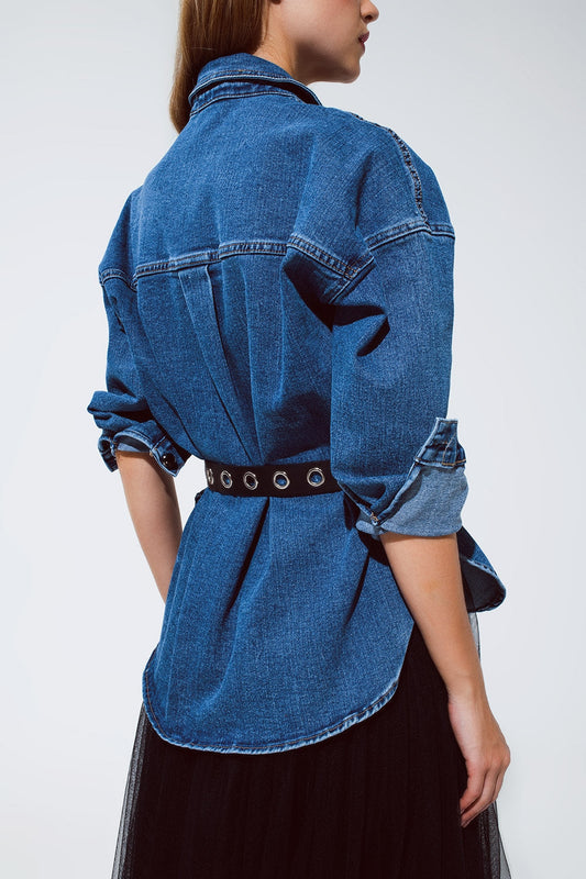 Oversized Denim Shirt With Cargo Pockets – One Size