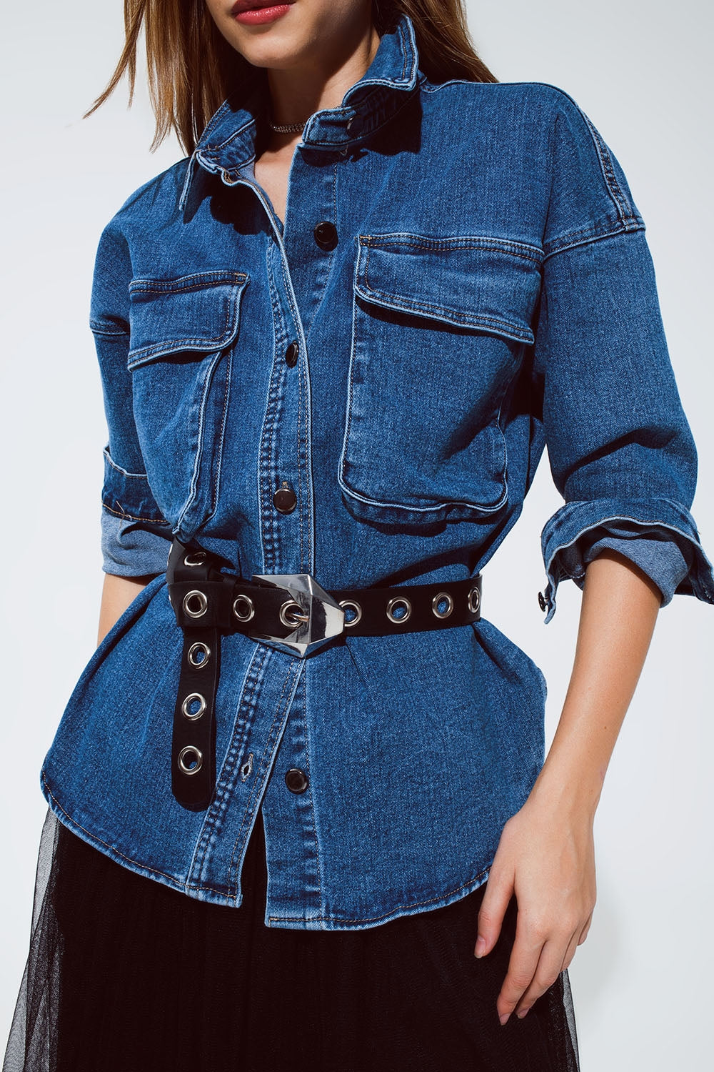 Oversized Denim Shirt With Cargo Pockets – One Size