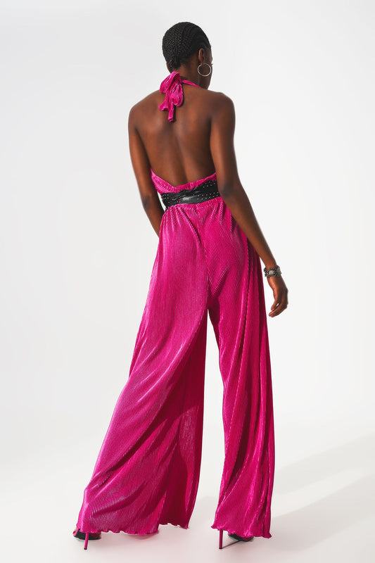 Pleated Maxi Halter Jumpsuit in Fuchsia
