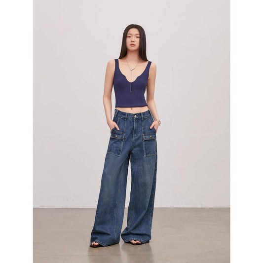 Wide-Leg Cargo Jeans – Blue