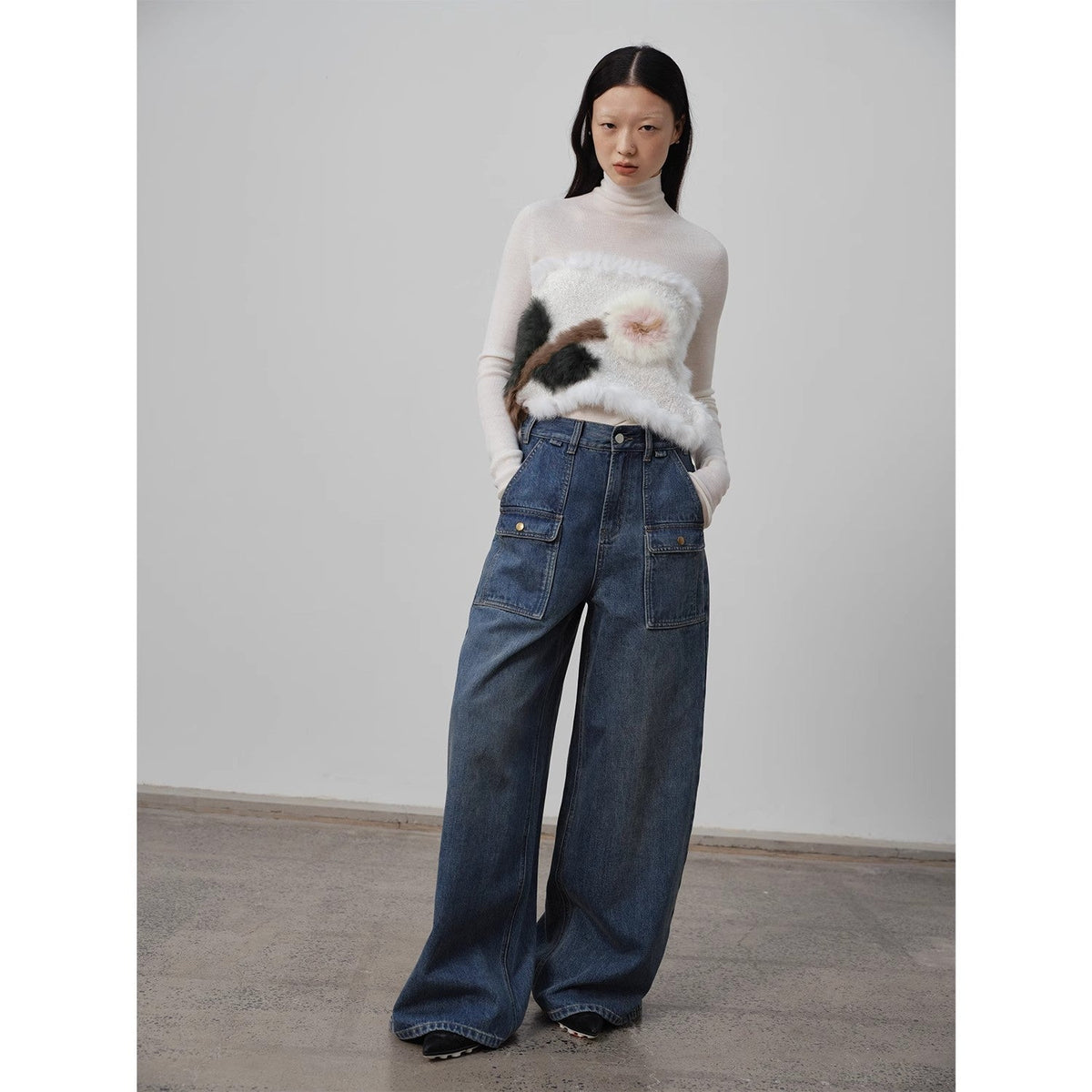 Wide-Leg Cargo Jeans – Blue
