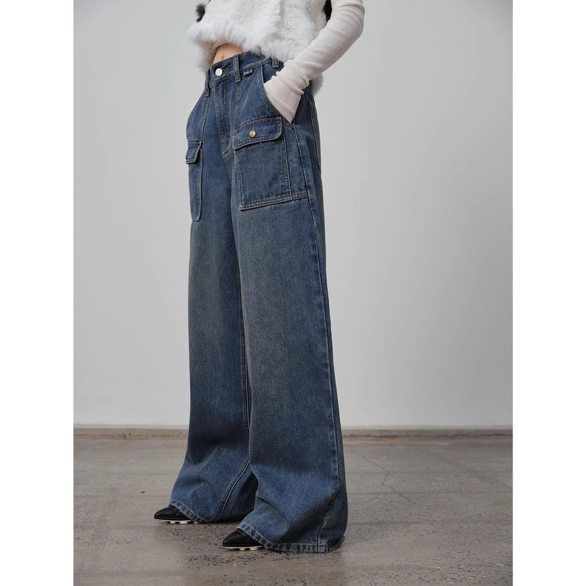 Wide-Leg Cargo Jeans – Blue
