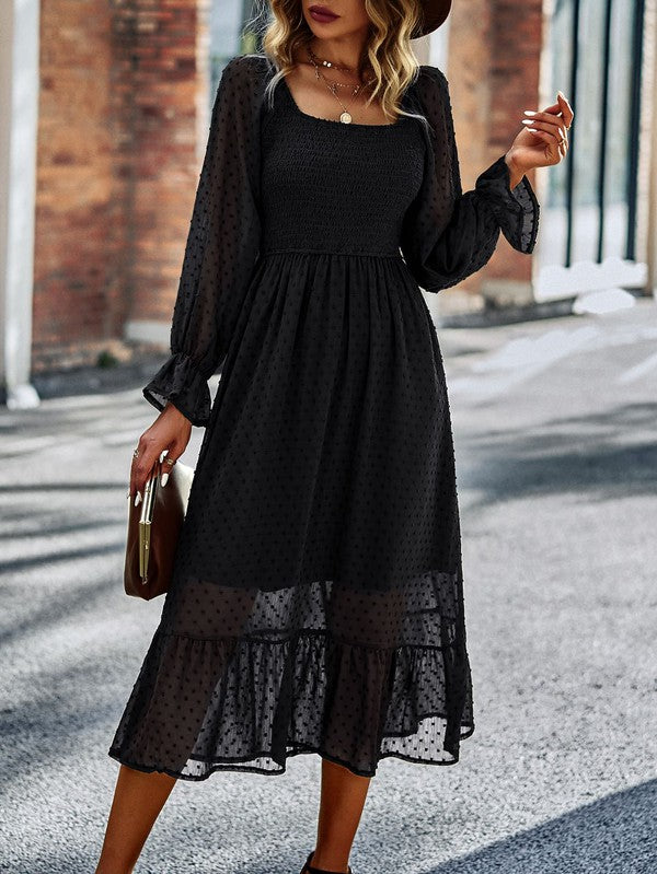 Smocked long sleeve dot dress