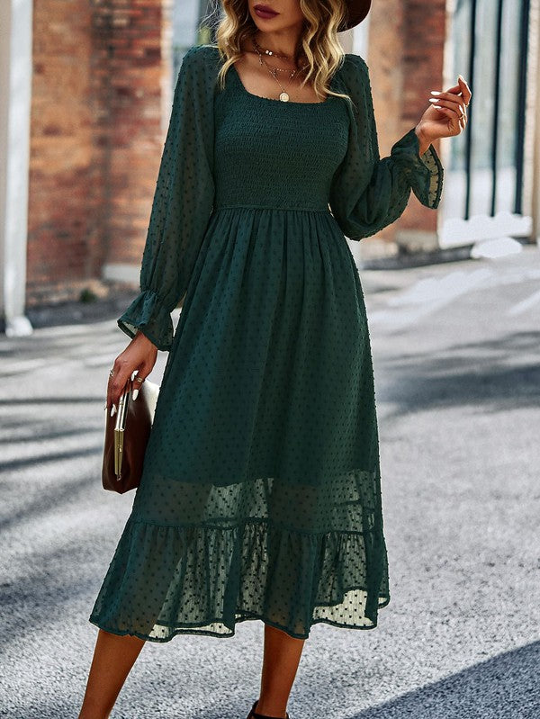 Smocked long sleeve dot dress