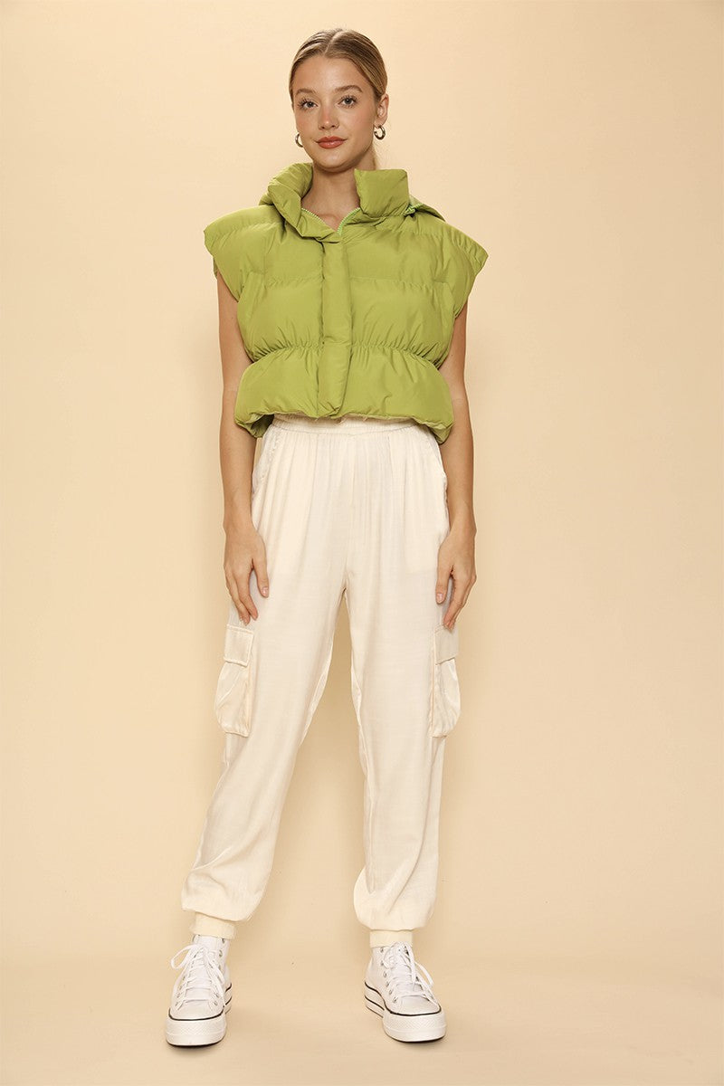 Cropped Puffer Vest with Detachable Hood