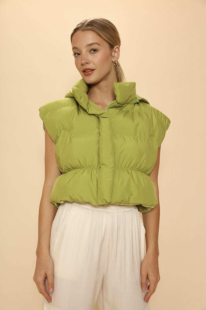 Cropped Puffer Vest with Detachable Hood