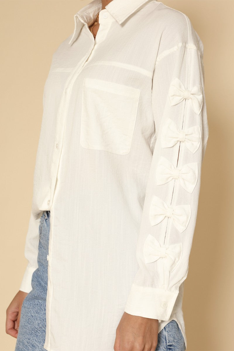 White Bow Sleeve Button-Down Shirt