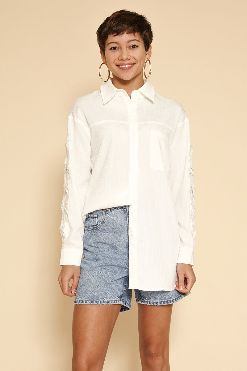 White Bow Sleeve Button-Down Shirt