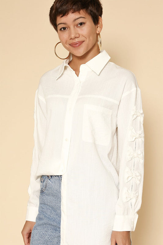 White Bow Sleeve Button-Down Shirt