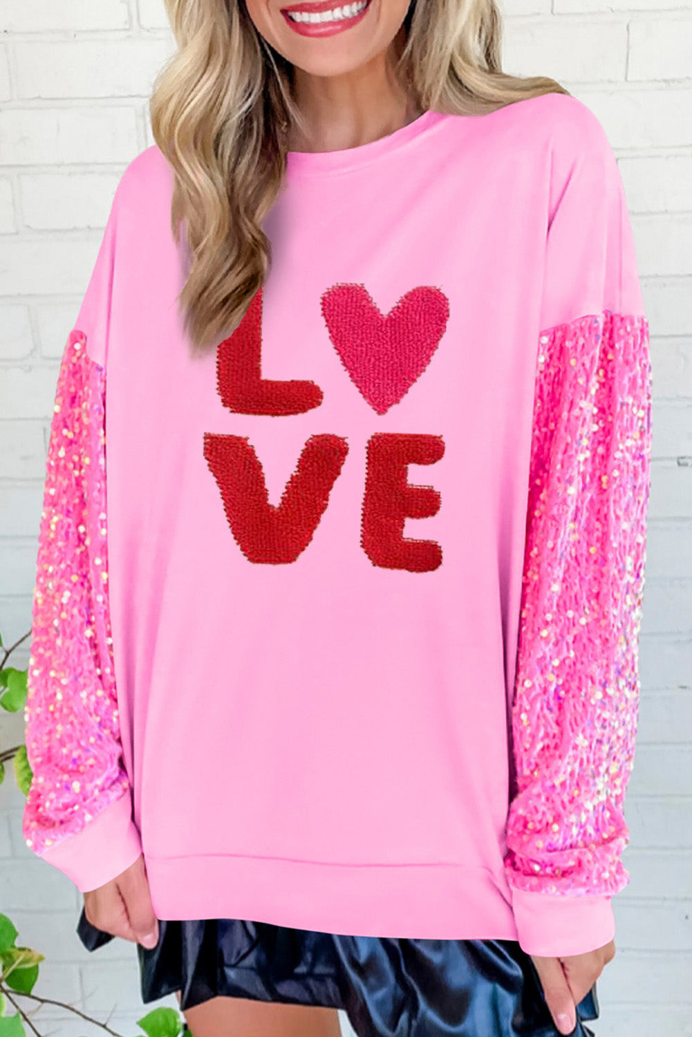 Pink Valentines LOVE Chenille Embroidered Sequin Sleeve Sweatshirt