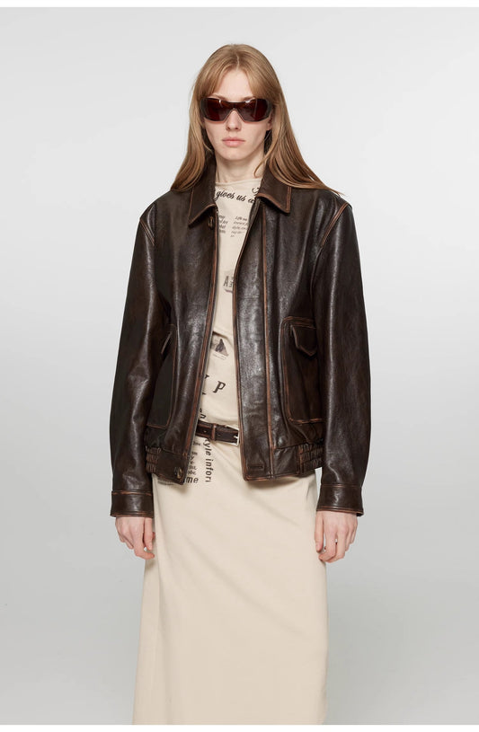 Vintage Sheepskin Leather Aviator Jacket