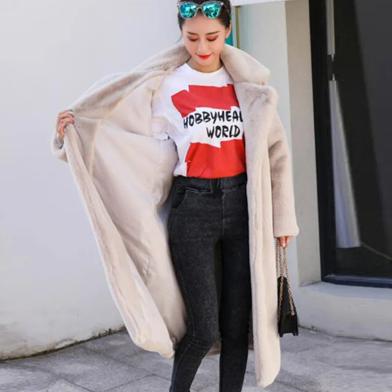 Long Plush Fur-Effect Coat in Milky