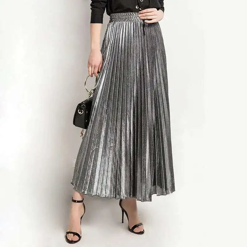 High Waist Pleated Maxi Skirt with Metallic Vintage Finish