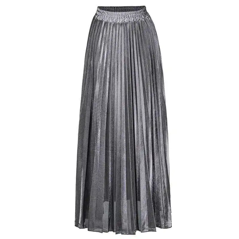 High Waist Pleated Maxi Skirt with Metallic Vintage Finish