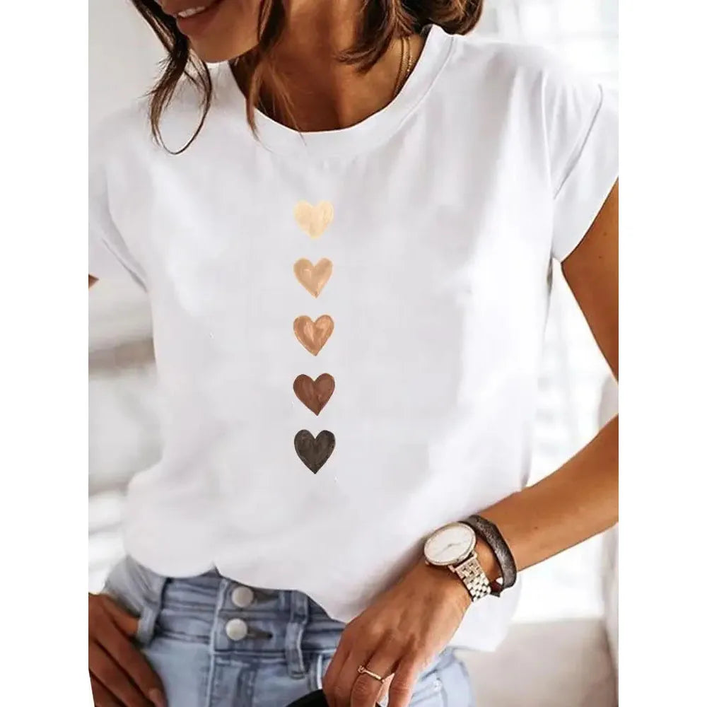 Love Heart Print Women Summer T Shirt Girl O Neck Funny Y2K Tops Tee