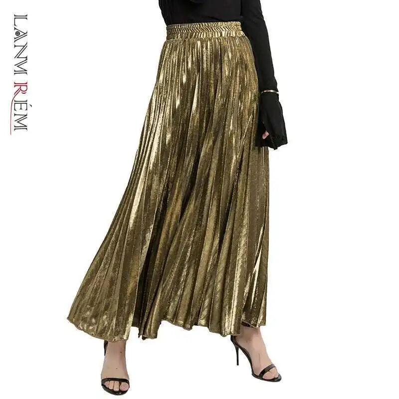 High Waist Pleated Maxi Skirt with Metallic Vintage Finish