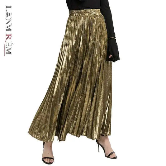 High Waist Pleated Maxi Skirt with Metallic Vintage Finish