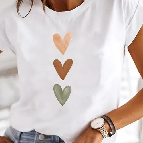 Love Heart Print Women Summer T Shirt Girl O Neck Funny Y2K Tops Tee