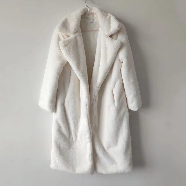 Long Plush Fur-Effect Coat in Milky
