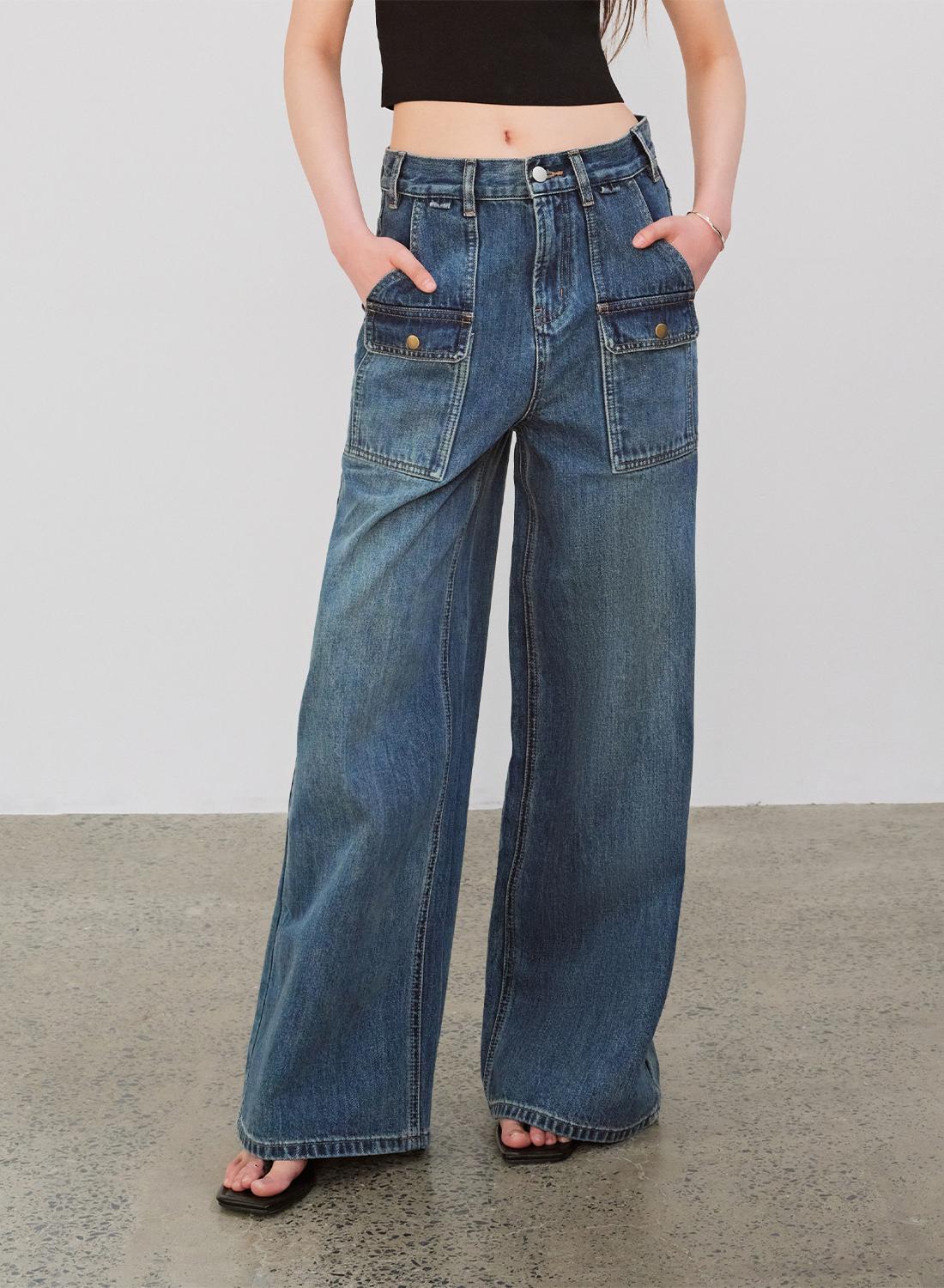 Wide-Leg Cargo Jeans – Blue