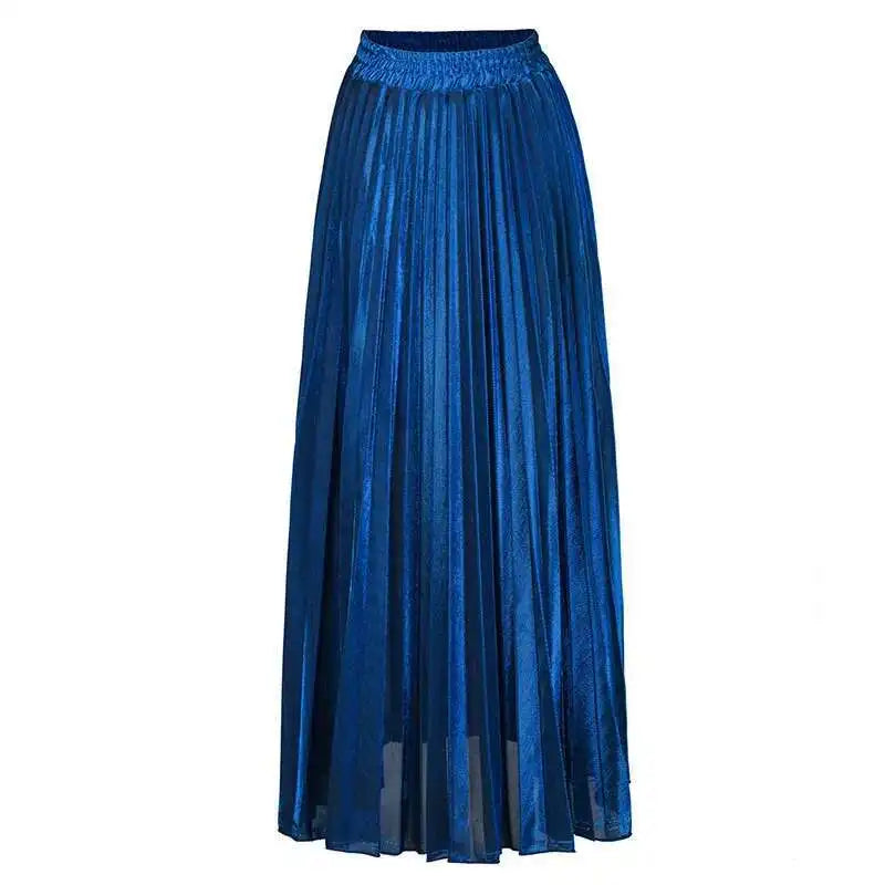High Waist Pleated Maxi Skirt with Metallic Vintage Finish