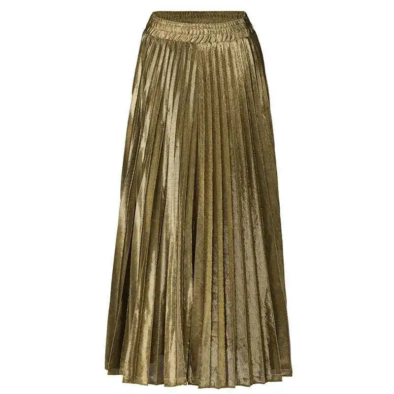 High Waist Pleated Maxi Skirt with Metallic Vintage Finish