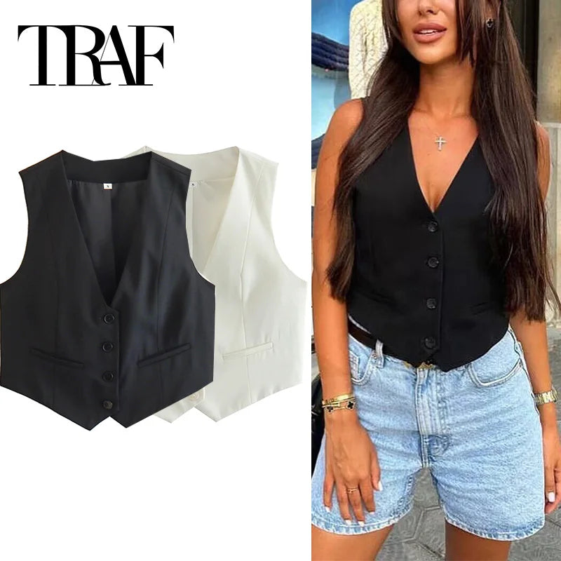 TRAF Women's Vest Black White Cropped Vest Top Women V Neck Sleeveless