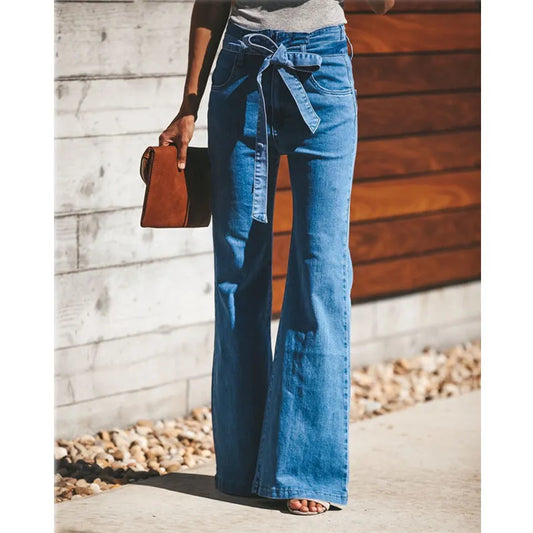 High-Waisted Flare Jeans with Tie Waist
