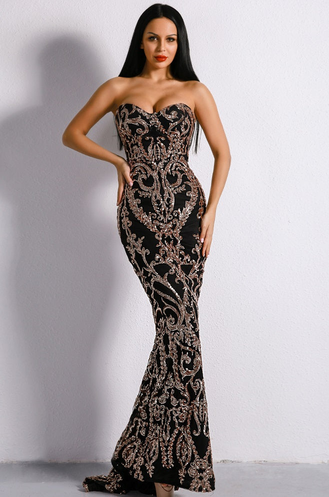 Black & Gold Embellished Strapless Mermaid Gown