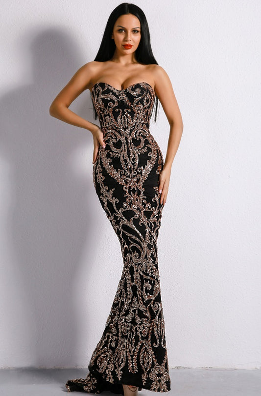 Black & Gold Embellished Strapless Mermaid Gown