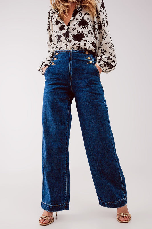 High-Waisted Button Detail Wide-Leg Jeans - Mid Blue