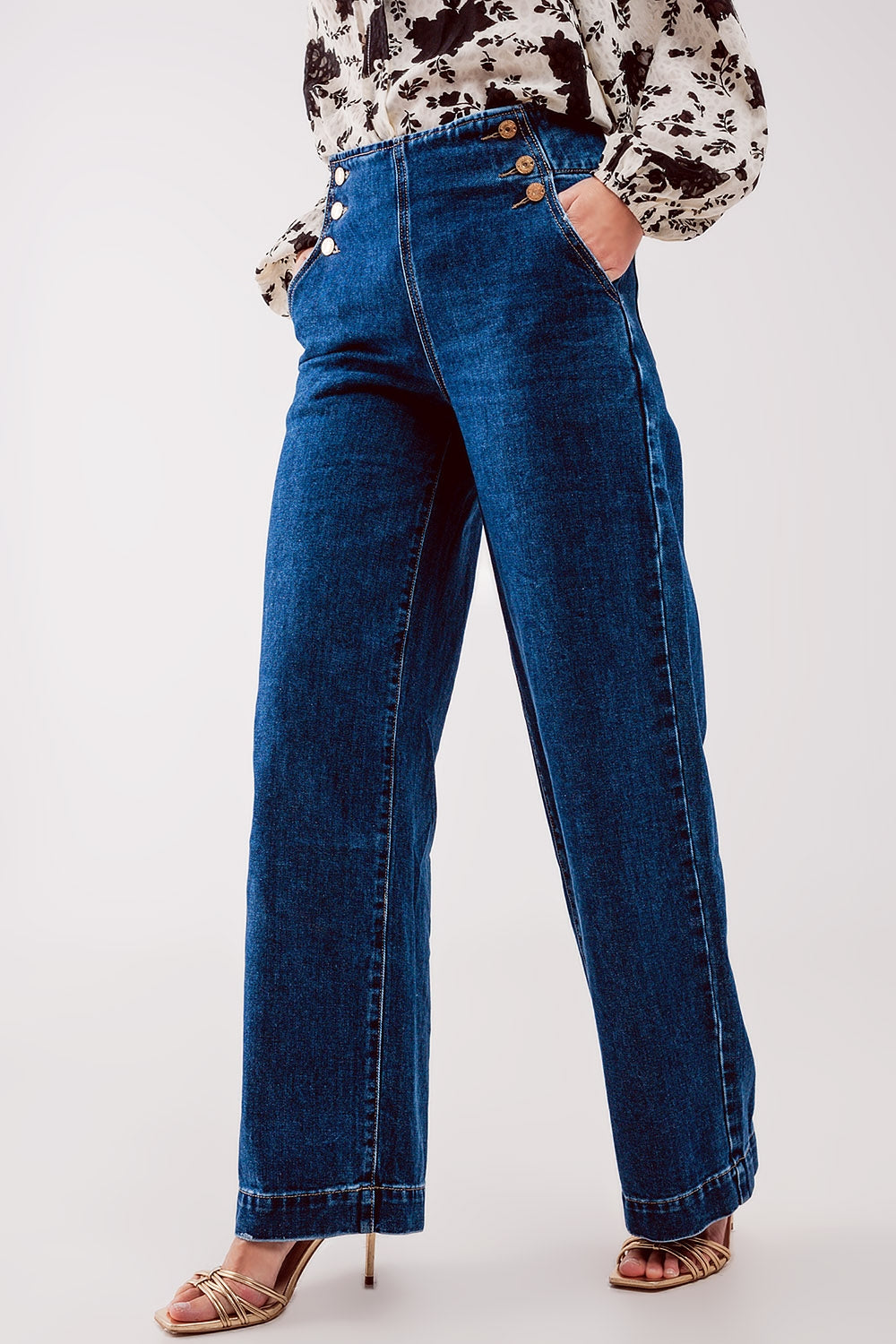 High-Waisted Button Detail Wide-Leg Jeans - Mid Blue