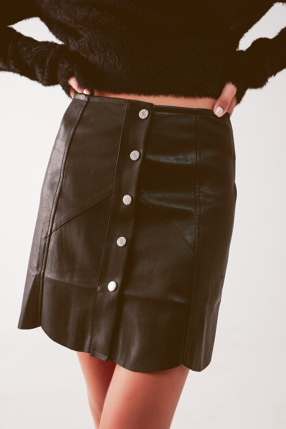 Button-Front Faux Leather Mini Skirt in Black
