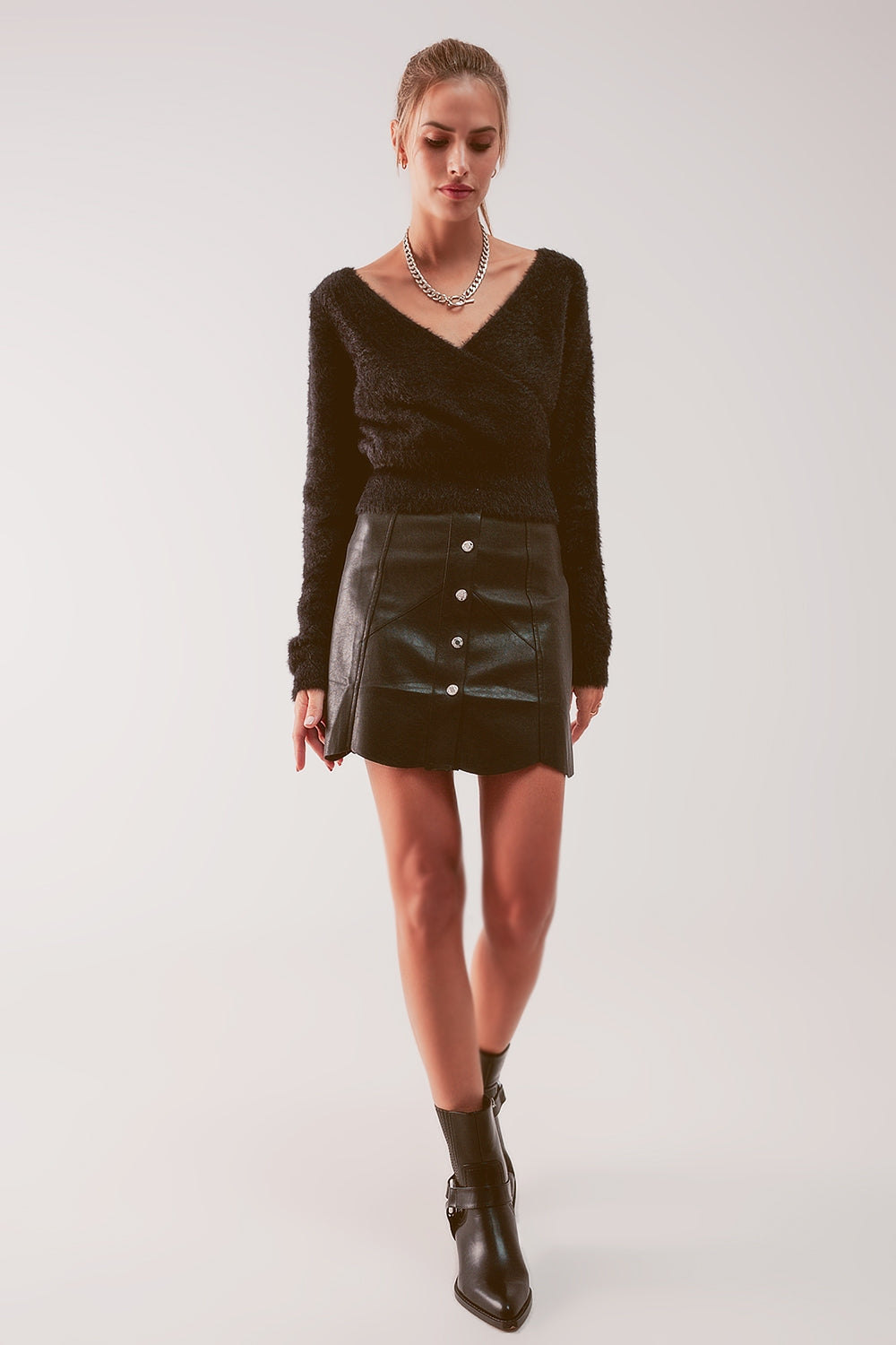 Button-Front Faux Leather Mini Skirt in Black