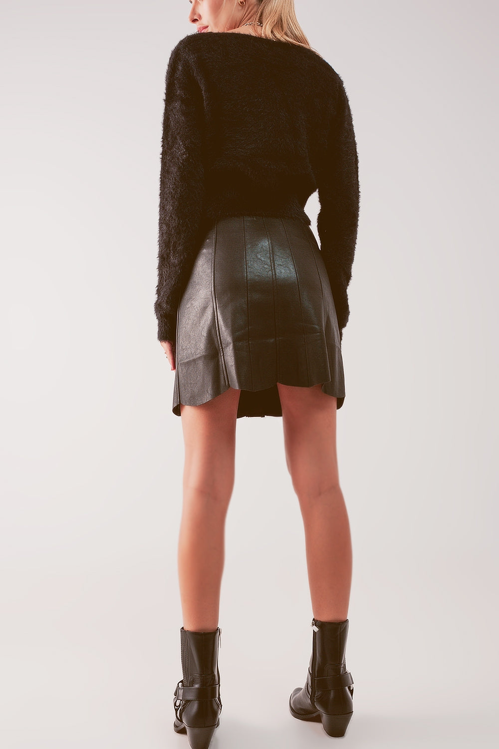 Button-Front Faux Leather Mini Skirt in Black
