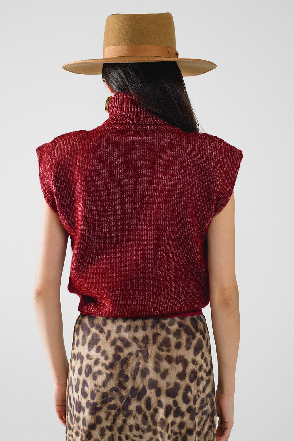 Burgundy Sleeveless Turtleneck Knit Top