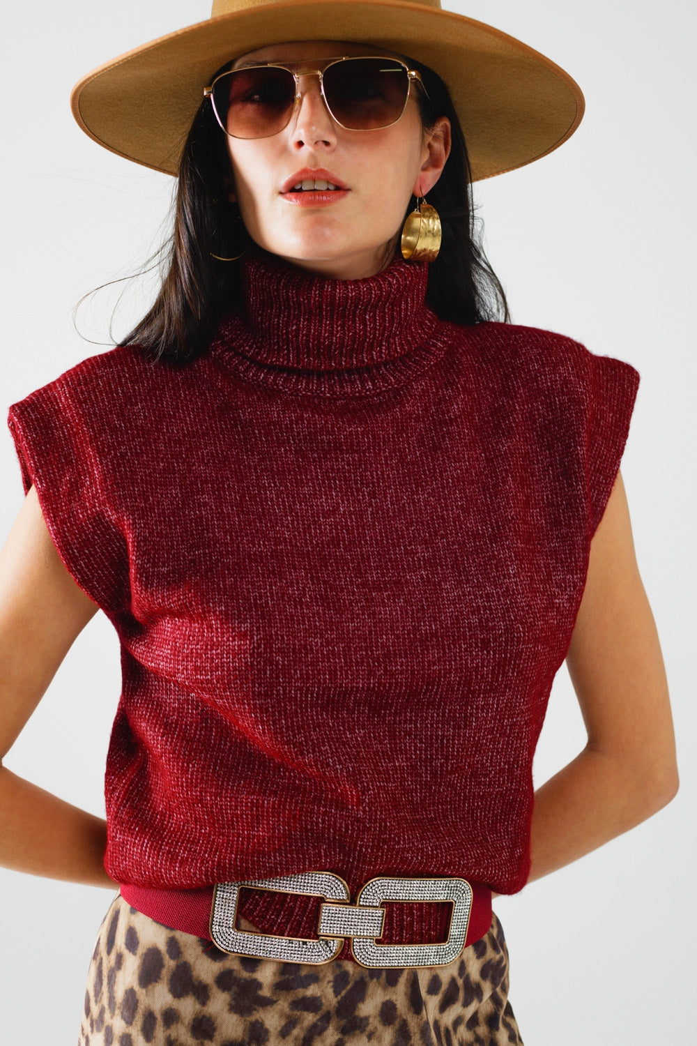 Burgundy Sleeveless Turtleneck Knit Top